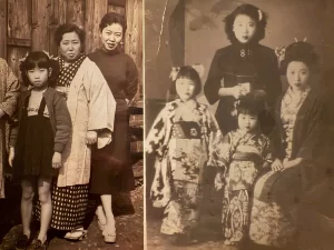 「残さず食べることと腹八分」を象徴する昔の家族写真。戦時中の母と祖母の記憶、一粒のお米の重みを伝える一枚。