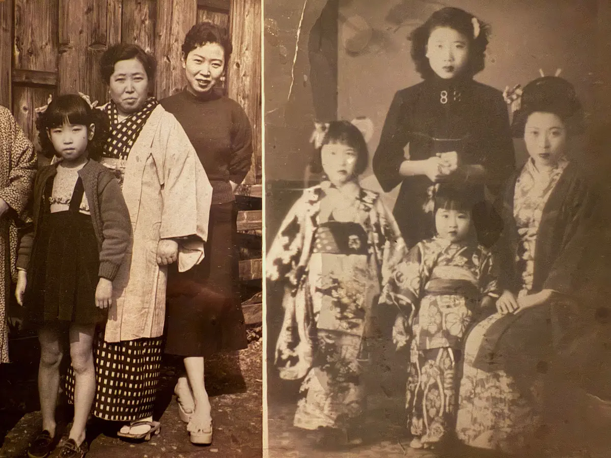 「残さず食べることと腹八分」を象徴する昔の家族写真。戦時中の母と祖母の記憶、一粒のお米の重みを伝える一枚。