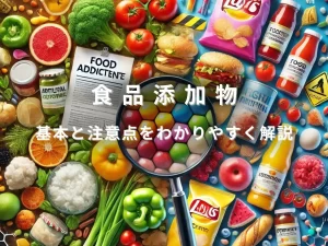 食品添加物の安全性とリスクを象徴するイメージ。新鮮な野菜や果物と、添加物の多い加工食品が対比され、食品の選択の重要性を示す。