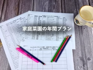 家庭菜園の年間プランを立てるための計画シート。色鉛筆やマグカップが添えられた実用的な作業風景。